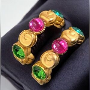 Rare Givenchy vintage brush gold green,pink,blue crystal hoop earrings